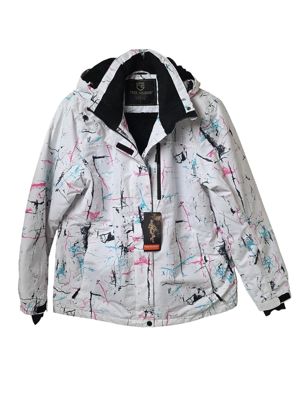 Free Soldier Waterproof White Abstract Splatter Ski Jacket Womens Size Large NWT